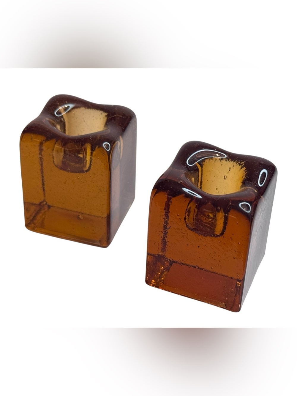 Blenko Amber Glass Ice Cube Shaped Candle Holders